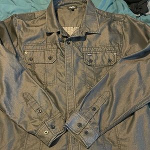 LRG woven button down shiny black denim shirt. XL